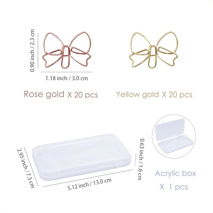 OWLFAVO Bowknot Shape 40pcs Paper Clips with Clear Box, Rose Gold and Yellow Gold, Funny Cute Paperclips Bookmarks Planner Clips for Fun Office Supplies School Gifts Wedding Decoration
