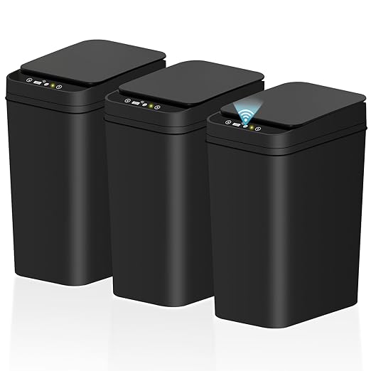 3Pack Bathroom Small Trash Can with Lid, 2.6 Gallon Touchless Automatic Garbage Can Slim Waterproof Motion Sensor Smart Trash Bin for Bedroom, Office, Living Room-Black