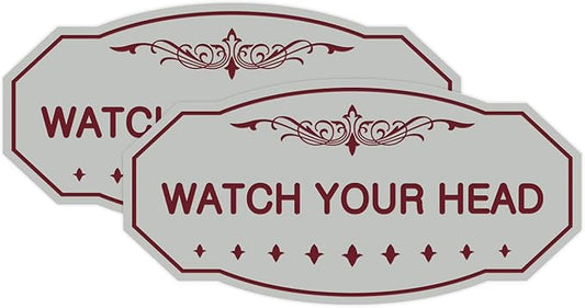 Signs ByLITA Victorian Watch Your Head Sign (Light Grey/Burgundy) - Large 2 Pack