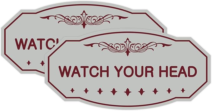 Signs ByLITA Victorian Watch Your Head Sign (Light Grey/Burgundy) - Medium 2 Pack