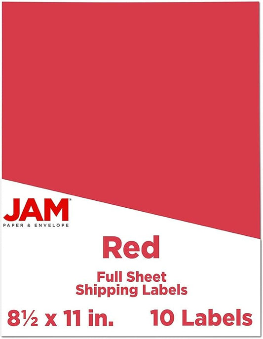 JAM PAPER Full Sheet Shipping Labels - Printable Sticker Paper - 8 1/2 x 11 - Red - 10 Full Pages/Pack