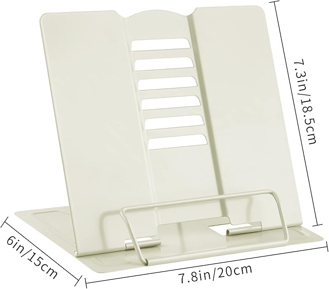 MSDADA Book Stand Metal Reading Rest Book Holder Adjustable Cookbook Documents Holder Portable Sturdy Bookstands for Recipes Textbooks Tablet Music Books with Page Clips Gifts for Girls (Milky White)