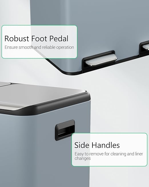 TLSUNNY Kitchen Dual Trash Can, 60L Hands-Free Stainless Steel Garbage Can, Classified Rubbish Bin with Double Compartments, Soft-Close Lid, Inner Bucket, Odor Control (60L) (Haze Blue)