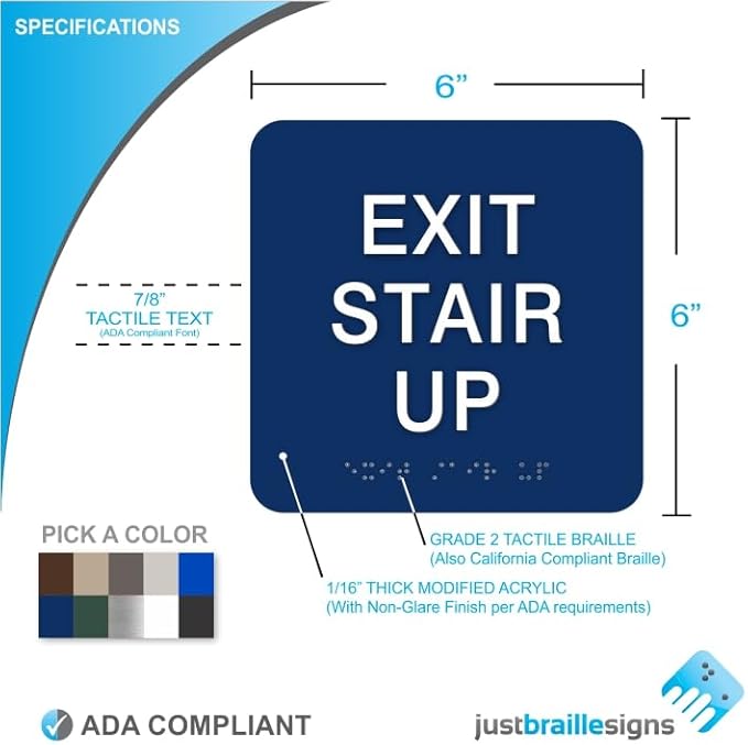 ADA EXIT STAIR UP braille sign, 6” x 6”, ADA Compliant Stair Exit Identification Sign for Building or Business, Many Colors Choices, Made in USA (Charcoal Grey)