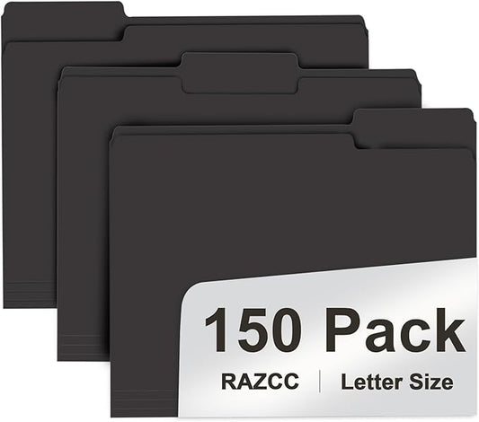File Folder, RAZCC 150 Pack 1/3 Cut Tab File Folders Letter Size, Black Folders for Dcouments, Folders with Tab Great for Organizing and Easy File Storage
