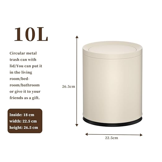 2.6 Gallon/10L Metal Trash Can with Swing Lid, Double Bucket,Round Waste Basket,Black,Modern,Elegant Garbage can,for Bathroom,Living Room,Kitchen,Office,Home,Bedroom(12L-White)
