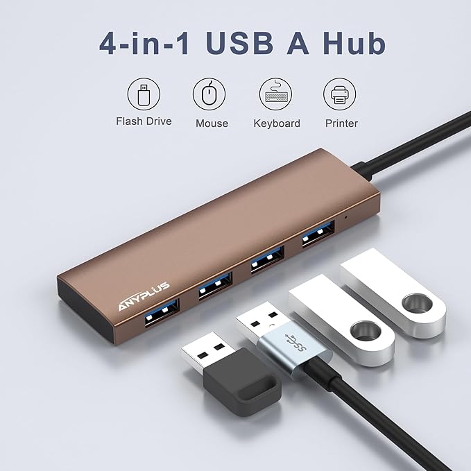 USB Hub, USB 3.0 Hub Aluminum Alloy Ultra Slim USB Splitter, Portable 4 Port USB Extender, USB Hub for Laptop, PC, MacBook, iMac, Surface Pro, Mac Pro, Flash Drive, XPS【Brown】