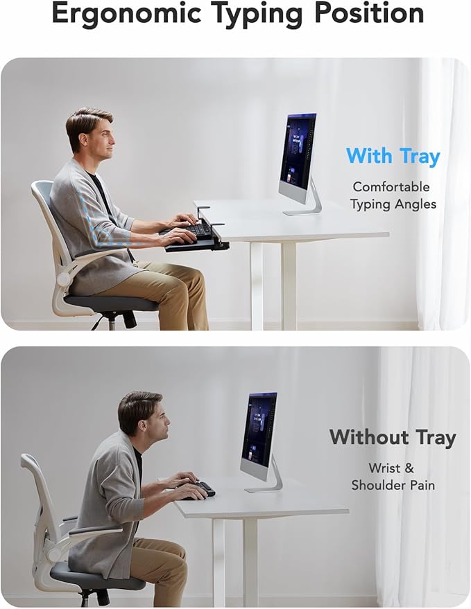 HUANUO Keyboard Tray Under Desk, Pull Out Keyboard Tray with C Clamp Mount, 26.5″ W x 11.8″ D Slide Out Computer Keyboard Drawer Mouse Tray for Typing, Black