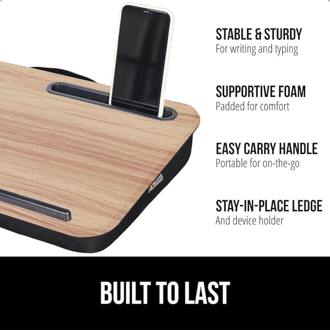GORILLA GRIP Laptop Lap Desk with Phone Holder, Pillow Cushion Desks Fit Laptops up to 15.6", Tray Ledge Keep Computers in Place, Portable Travel Workstation Essentials for Home, Light Wood Color
