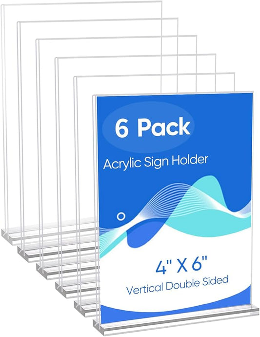 6 Pack Acrylic Sign Holder 4 x 6, Clear Double Side T Shape Acrylic Table Sign Stands for Displaying, Flyer Holder Paper Card Holder for Office Business Store Mall Restaurants