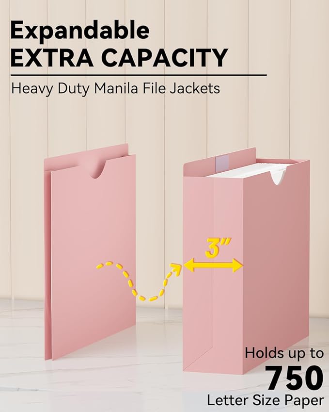 ANSOOK Plastic 3" File Jackets,Manilla Folders 8.5 x 11 Letter Size,12 Pack Expanding File Folder,Heavy Duty Expansion Pocket,Reinforced Straight Cut Tab,Morandi Color Manila Folders for Office Home