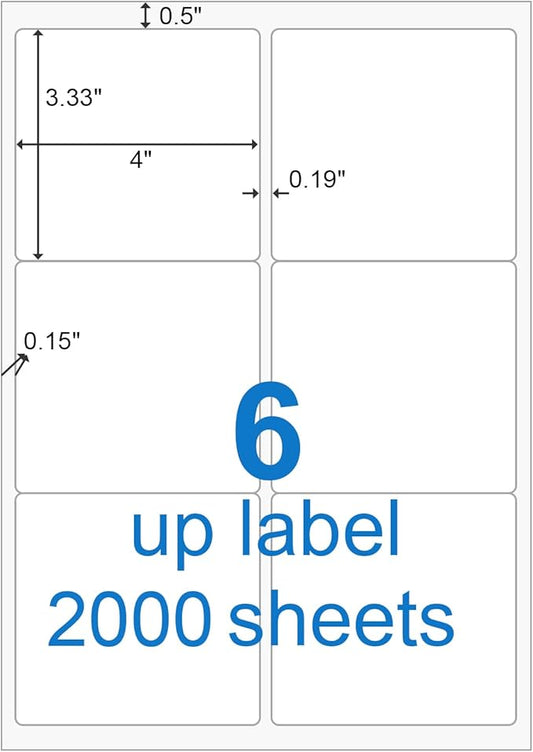 BESTEASY 3 1/3" x 4" Labels Shipping Labels for Laser Inkjet Printers, 6 Up Self Adhesive FBA Address Labels, White Matte Mailing Label Stickers (2000 Sheets, 12000 Labels)