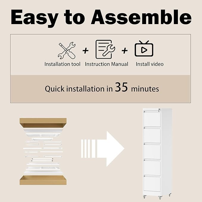 5 Drawers Filing Cabient with Wheel, File Cabinet with Lock, Steel Vertical Filing Storage Cabinet for Office, Heavy-Duty File Cabinets for Letters/Legal/A4 (Require Assembly, White)