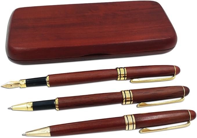 3 Pcs Wooden Pens Set with Gift Case/Best Writing Fountain Fancy Ballpoint Pen and Luxury Gel Pen with Ink Refills, Promotional Business Designer Pens