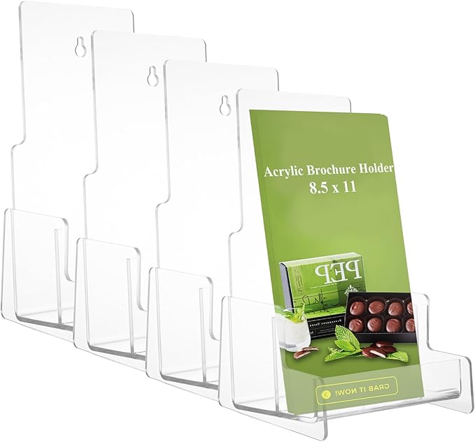 4 Pack Brochure Holder Wall Mount 8.5 x 11 Inch Plastic Flyer Holder Clear Literature Holder Pamphlet Holder Wall Brochure Display Stand for Trifold, Magazine, Document