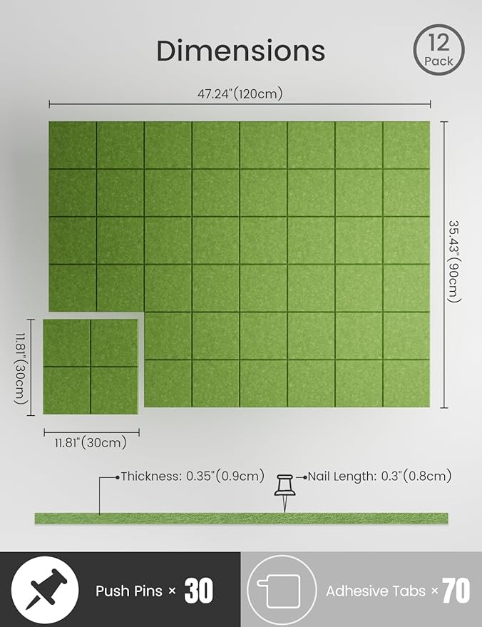 Bumusty Large Cork Board Alternative-47 x35 Felt Bulletin Board Tiles, with 30 Pushpins, 70 Adhesive Tabs, 12-Pack Slat Wall Paneling, Cork Boards for Office Push Pin Board Felt Board-Grass Green