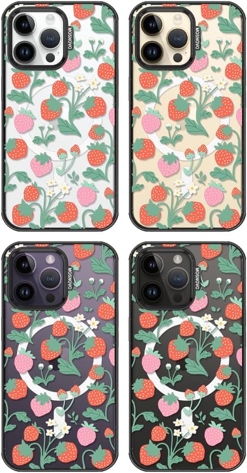 MOSNOVO Magnetic Case for iPhone 14 Pro Max, 10ft Military-Grade Protection, Compatible with Magsafe, Shockproof Phone Case for iPhone 14 Pro Max - Strawberry Garden - Clear Black