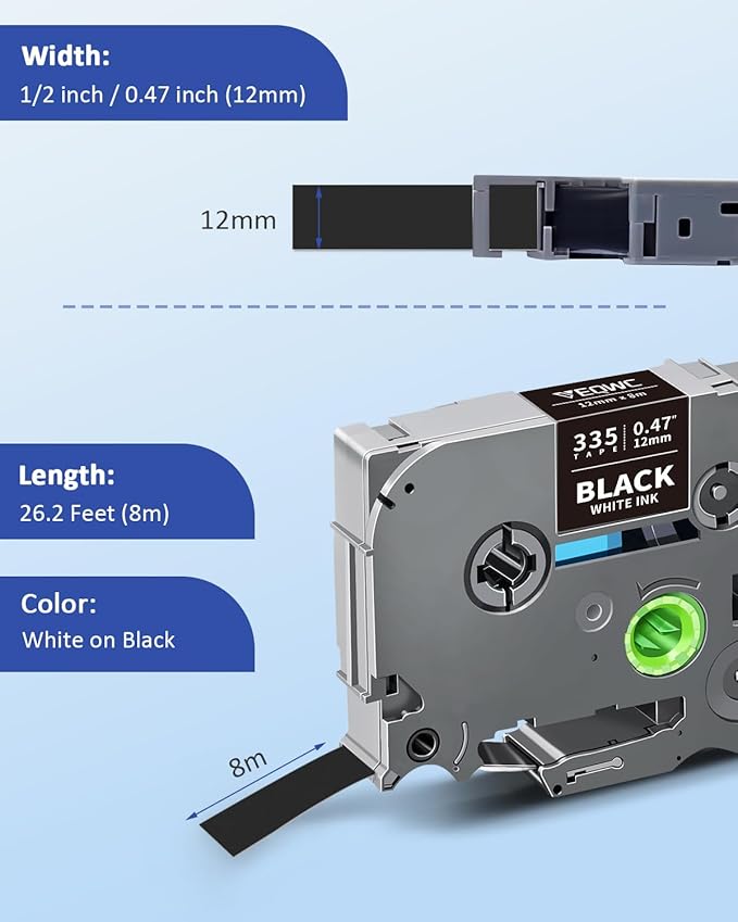 Tze335 Tze 12mm 0.47 Laminated Black Label Maker Tape Compatible for Brother Tze-335 Tz-335 Tz 1/2 Refill Work for Ptouch PT-D210 PT-D220 PT-H110 PT-D400 PT-D600, White on Black, 4 Pack