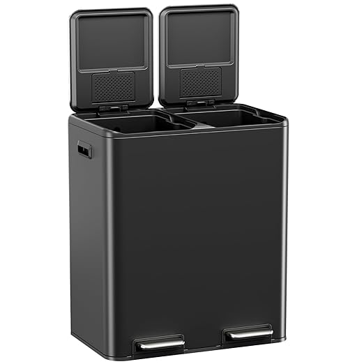TLSUNNY Kitchen Dual Trash Can, 60L Hands-Free Stainless Steel Garbage Can, Classified Rubbish Bin with Double Compartments, Soft-Close Lid, Inner Bucket, Odor Control (60L) (Black)