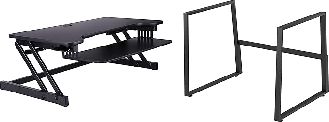 Rocelco 37.5" Height Adjustable Standing Desk Converter with Floor Stand Bundle - Slide Out Retractable Keyboard Tray - Sit Stand Up Dual Monitor Riser - Computer Workstation - Black (R DADRB-STFS)