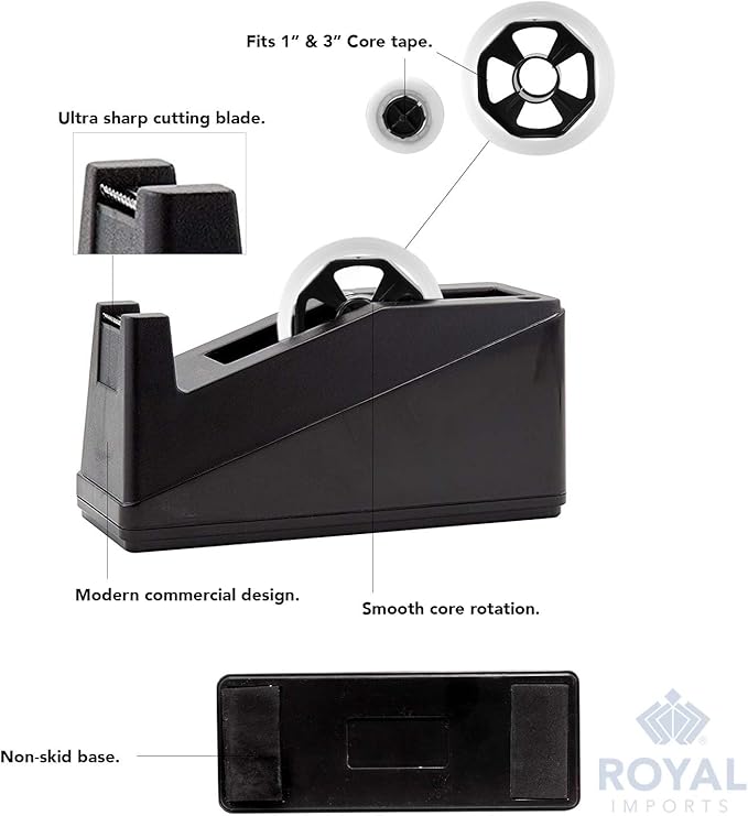 Royal Imports Desktop Tape Dispenser Adhesive Roll Holder (Fits 1" & 3" Core) Heavy Duty Premium for Office, Home, School, Library, Crafts, Moving, Giftwrapping with Weighted Nonskid Base, Black