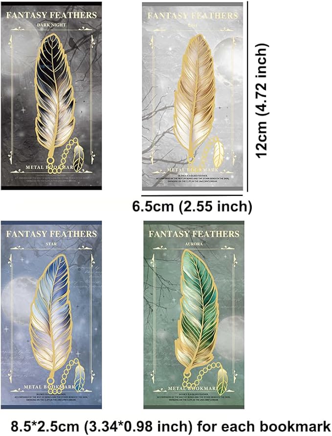 4pcs Metal Feather Bookmarks with Pendant Elegant Bookmark Set for Book Lovers, Writers, Readers Durable Book Markers with English Inscriptions Unique Gifts for Men, Women