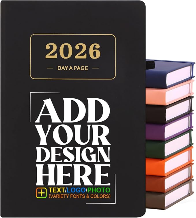 Customizable 2026 Daily Planner - Add Your Design/Logo/Text/Photo, Day a Page Personalized Journal with Multiple Colors Hardcover, Custom Agenda Book for Productivity & Organization, Black