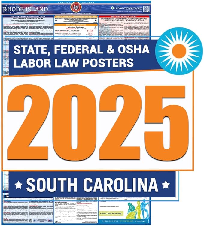 2025 South Carolina Labor Law Poster- State, Federal, OSHA Compliant- Workplace Required Posting for Employees- English Employment Poster- UV Laminated Waterproof- 26” x 39.5”- English