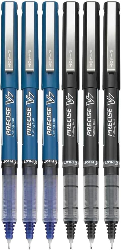 Precise V7 Stick Rolling Ball Pens, Fine Point (.7mm), Assorted Colors Black/Blue Ink, 6-pk; Bundle with Plastic Reusable Pouch