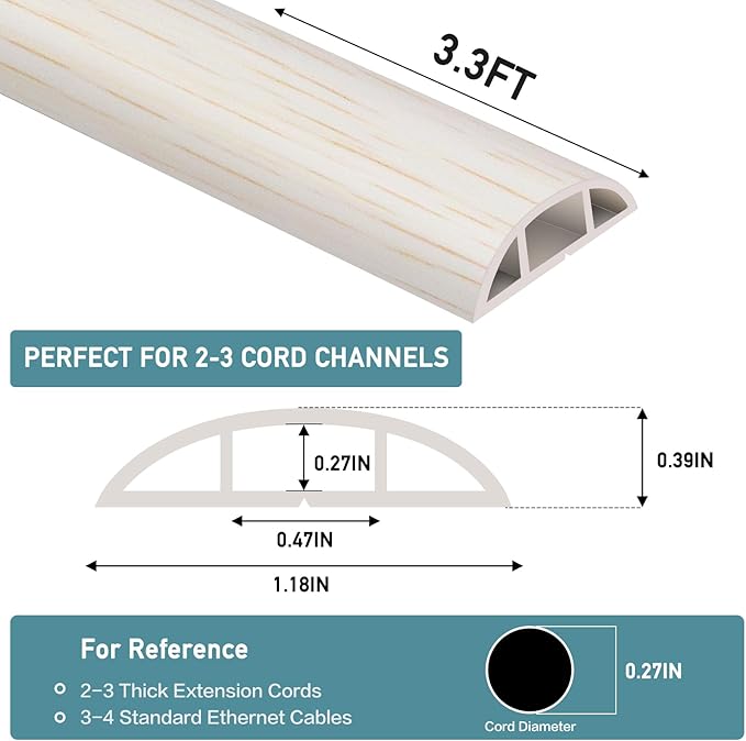 Floor Cord Cover Self Adhesive Cord Hider Floor Extension Cord Covers for Floor Power Cord Protector Cable Management Prevent Cable Trips Cable Cavity 0.47" W x 0.27" H (Beige Wood, 3.3Ft)