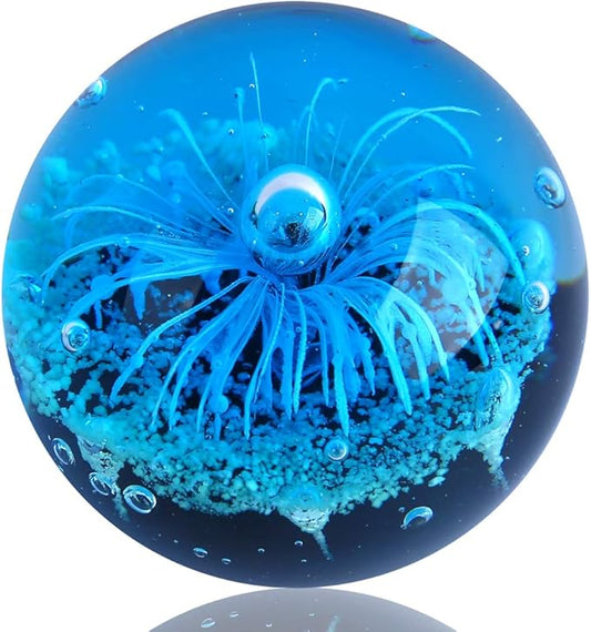 EUSTUMA Blue Hand Blown Glass Anemones Sculpture, 3.15x3.15x3.15 inches, 1.52 lbs, Paperweight, Fish Tank Ornament, Figurine Gift Box, Home Decoration