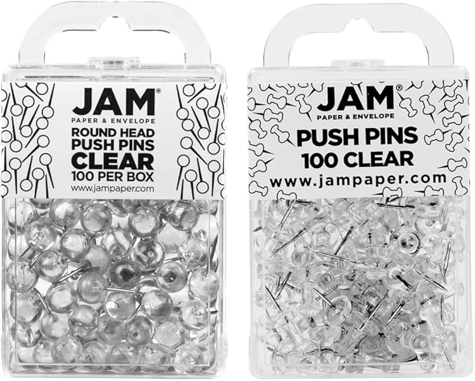 JAM PAPER Colorful Push Pins - Flat & Round Head Thumb Tack Combo Set - Clear Pushpins - 200/Pack