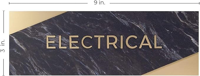 Electrical Sign with Braille/Small Business Easy Adhesive Mount Door and Wall Sign / 3" x 9" / Dark Marble Design