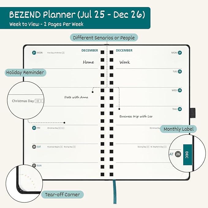 BEZEND Pocket Planner 2026 Weekly and Monthly (3.5" x 6"), 2-Column Calendar Book for Purse (Jul 25-Dec 26), Dual Schedule for Daily Appointment, Spiral Bound, PU Leather Softcover, Dutch Blue