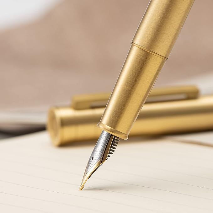 Hongdian 1861 Brass Fountain Pen Long Blade Nib, Classic Design Smooth Writing Pen with Converter and Metal Pen Case Set