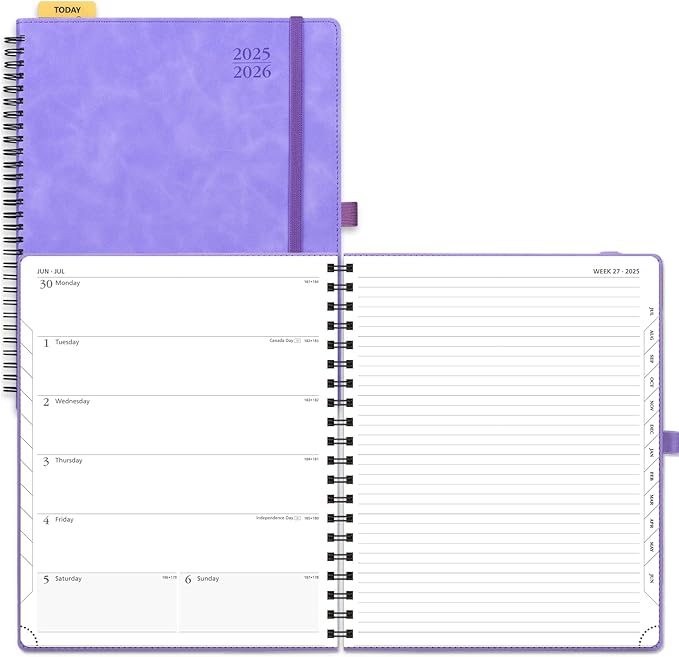 POPRUN Planner 2025-2026 Weekly Planner Notebook (Large 8.5''x 10.5'') Academic Calendar (JUL.25 - JUN.26) Appointment Book with Monthly Tabs, Spiral Soft Cover, Inner Pocket, 100 GSM - Lilac