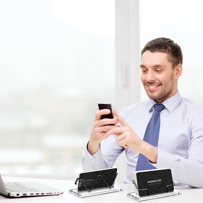 Amyhill 2 Pieces Acrylic Business Card Holder for Desk Clear Horizontal Business Card Display Stand Postcard Holder for Office Home Desktop (Black)