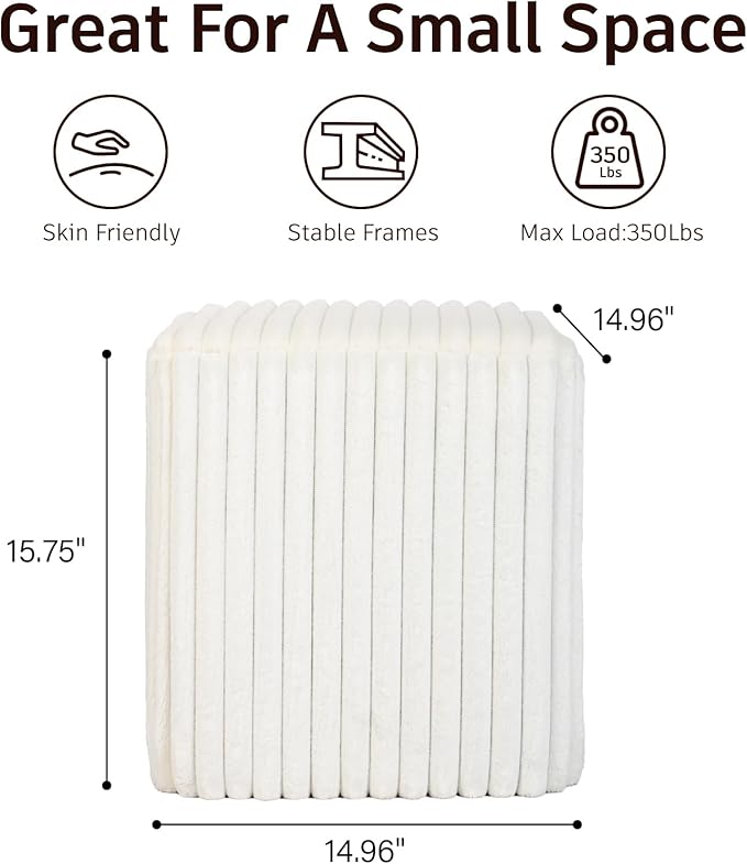 Modern Square Ottoman 2Pcs, Vertical Channel Tufted Foot Stool Ottoman, Velvet Upholstered Vanity Stool for Makeup, Bedroom, Living Room, White