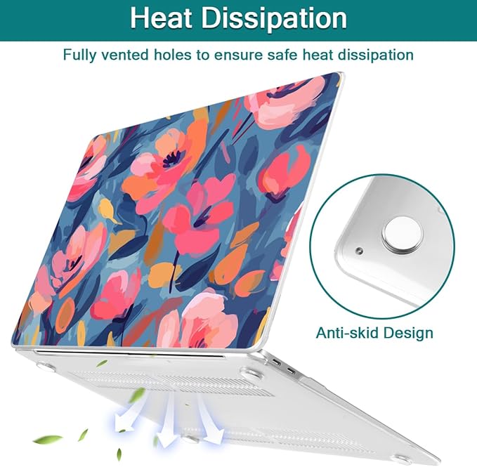 Teryeefi Compatible with M2 M1 MacBook Pro 13 Inch Case A2338 A2289 A2251 A2159 A1989 A1706 A1708 (2024 20203 2022-2016), Hard Shell Case & Keyboard Cover for Mac Pro 13" - W-Abstract Pink Flower