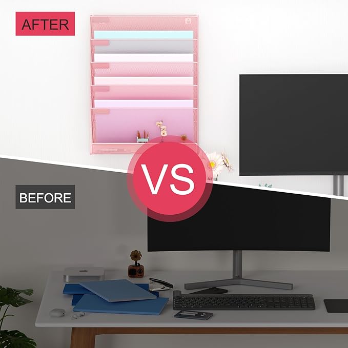 Wall File Organizer Holder Mesh Hanging Paper Document Holder, Vertical 6 Pocket Tier for Office Home, Light Pink