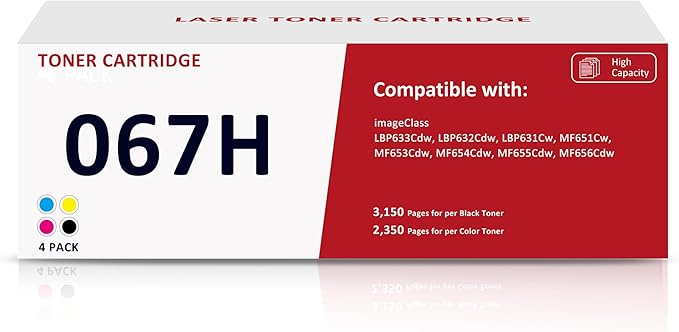 067H 067 High Yield Toner Cartridge Compatible for Canon 067 067H for Canon LBP632Cdw LBP630C MF650C MF656Cdw MF653Cdw MF654Cdw 4 Pack Black Cyan Magenta Yellow