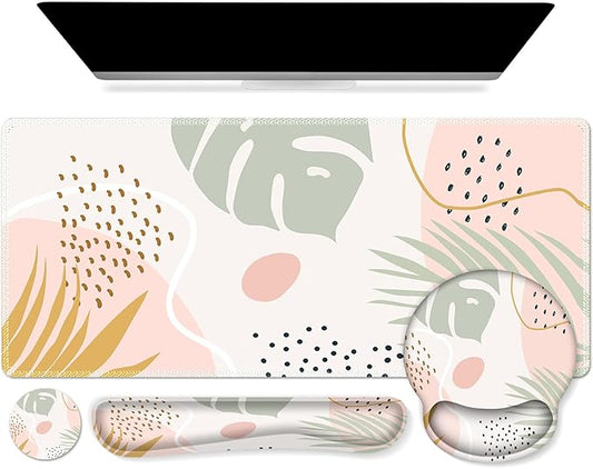 iCasso Desk Mat, Gaming Mouse Pad Wrist Support Set,4in1 XXL Large Mousepad + Keyboard Wrist Rest+Mouse Wrist Rest+Coaster Set with Ergonomic Design for Home Office Table Computer-Morandi