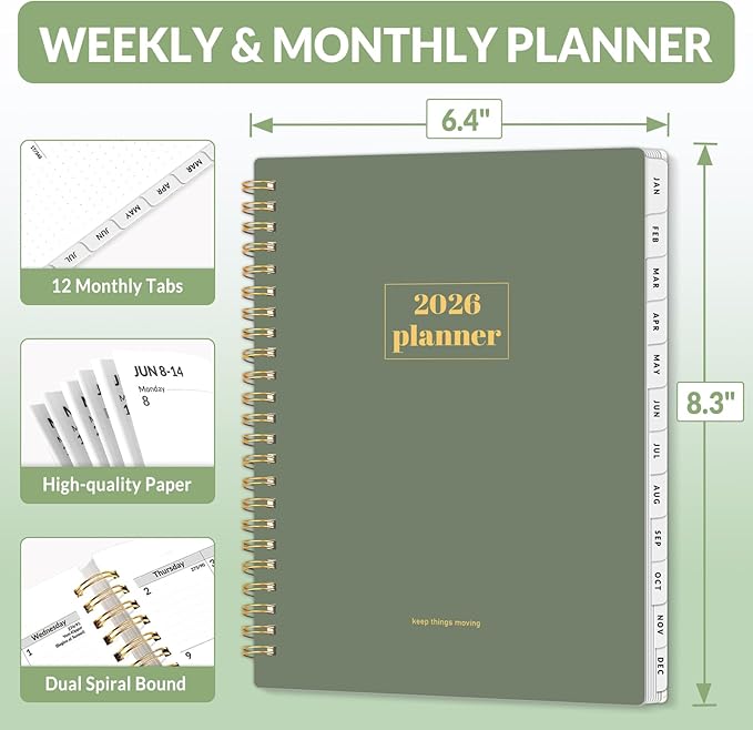 SUNEE Planner 2026 Weekly and Monthly, January 2026-December 2026, 6.4"x8.3", Tabs, Note Pages,Spiral Binding, Sage Green