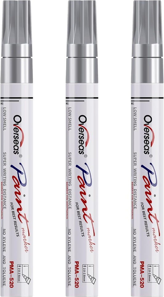 Overseas Permanent Paint Markers Pens - 3 Pack Silver Oil Based Paint Pens, Medium Tip, Quick Drying and Waterproof Marker Pen for Metal, Rock, Wood, Fabric, Plastic, Canvas, Mugs, Stone, Glass