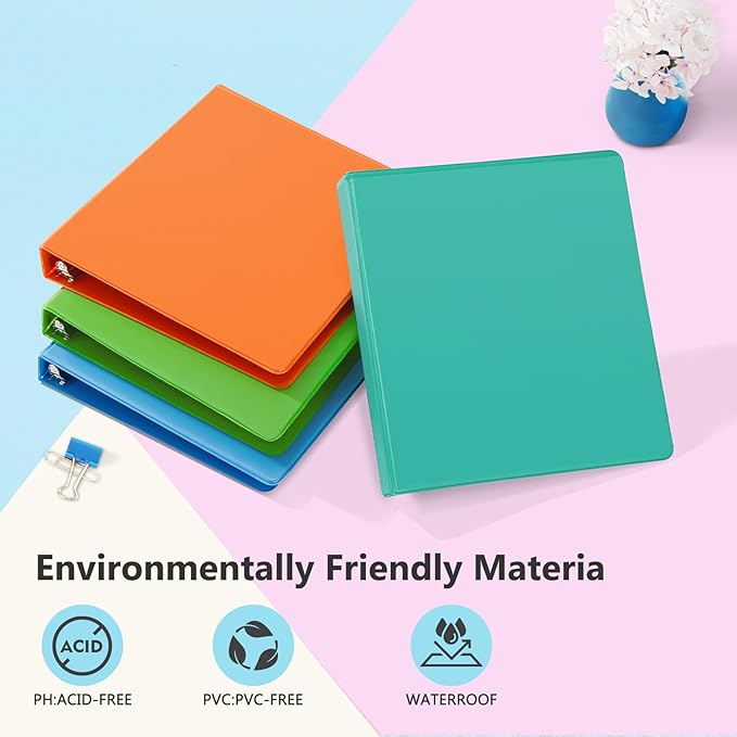 ViVin Sturdy 1 Inch D Ring Binders, 3 Ring Binders with 2 Pockets, Hold 225 Sheets of US Letter Size Paper for Office,Home,School, 12 Pack (Assorted)