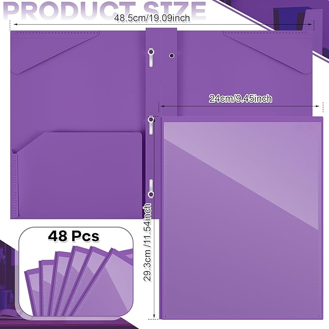 Henoyso 48 Pcs Plastic Folder with Clear Front Pocket and 3 Prongs Heavy Duty Plastic Folders with Card Slot Pocket Folders with Prongs for School Office Home(Purple)