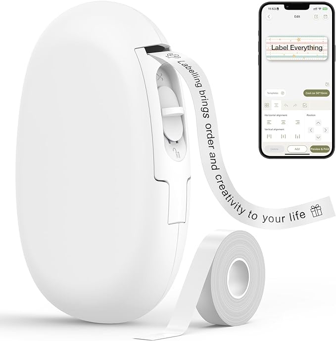 SUPVAN E10 Bluetooth Label Maker Machine with Tape, Continuous Waterproof Label, Versatile App with 35 Fonts and 1k+ Icons, Inkless Labeler for Home, Kitchen, School, Office Organization, White