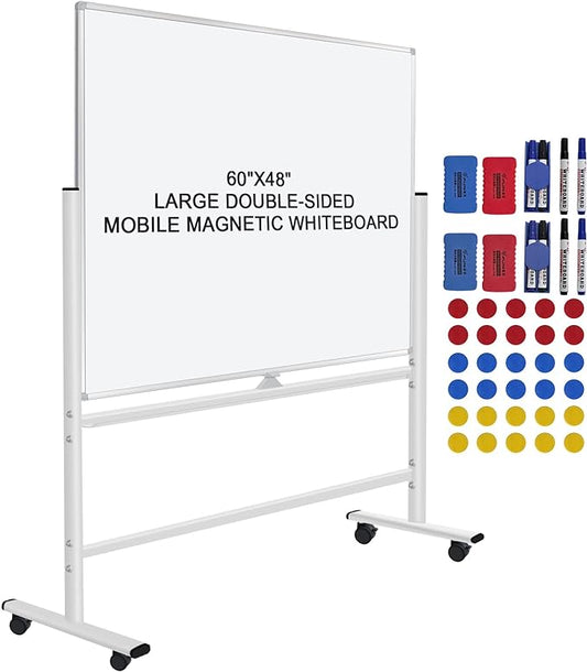 H-Qprobd 60"x48" Mobile Whiteboard Double-Sided Magnetic Dry Erase Board on Wheels - Comercial Rolling White Boards with Sturdy Stand for Home, Office & School