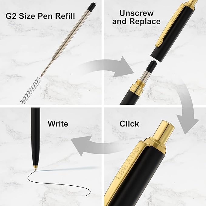 LINFANC 4 Pack Ballpoint Pens, Premium Retractable Metal Ballpoint Pen, Matte Black with Gold Trim, Medium Point 1.0mm Black Ink Pen for Home School Work Office Supplies, Extra 4 Refills