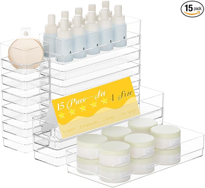15 PCS Clear Plastic Drawer Organizer Set, 4 Sizes Acrylic Drawer Storage Trays Non Slip Storage Bins for Makeup, Jewelry, Gadgets for Kitchen, Bedroom, Bathroom, Office